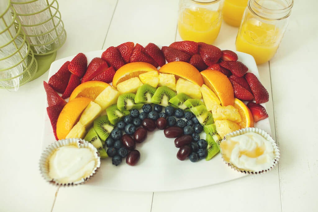 Rainbow Fruit Tray with Pot of Gold Fruit Dip