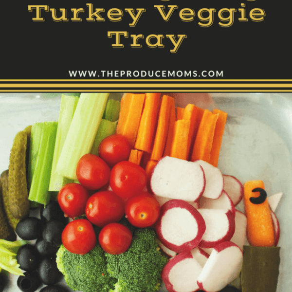 Flat lay photo of a turkey veggie tray for Thanksgiving