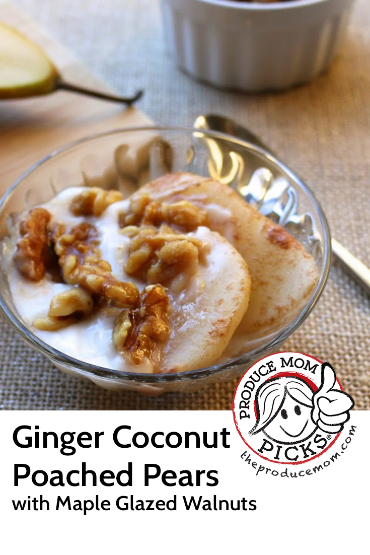 Ginger Coconut Poached Pears with Maple Glazed Walnuts from Nourish RDs for Chelan Fresh