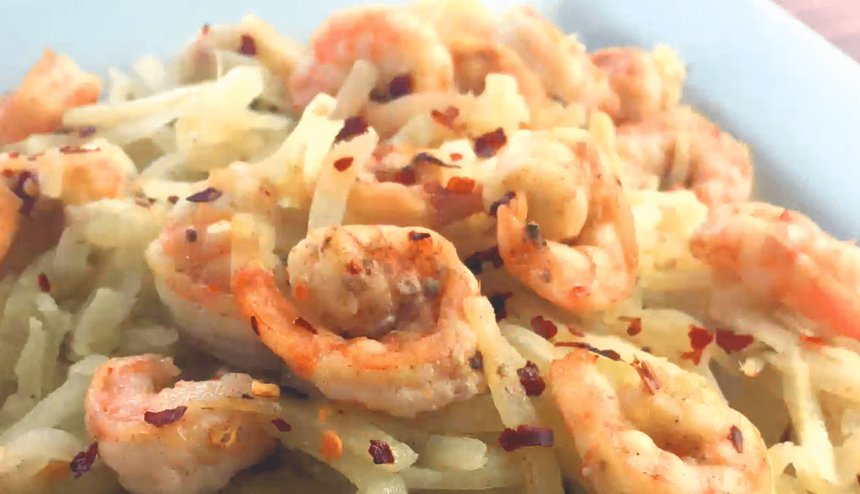 Kohlrabi “Linguine” with Garlic Lemon Butter Shrimp