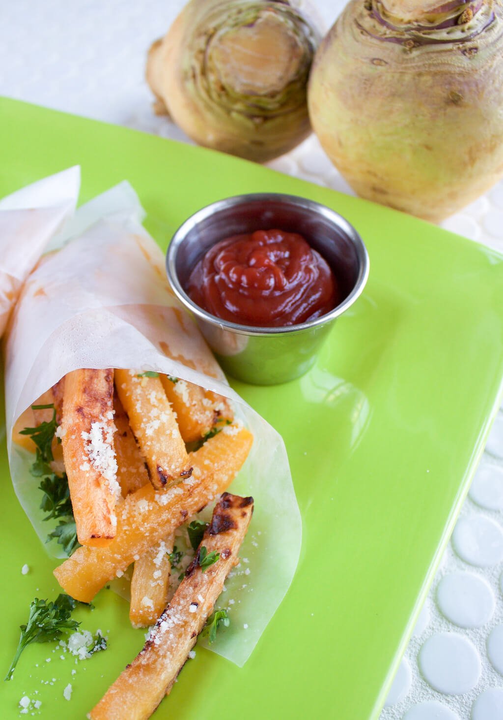 Oven-Baked Garlic and Parmesan Rutabaga Fries