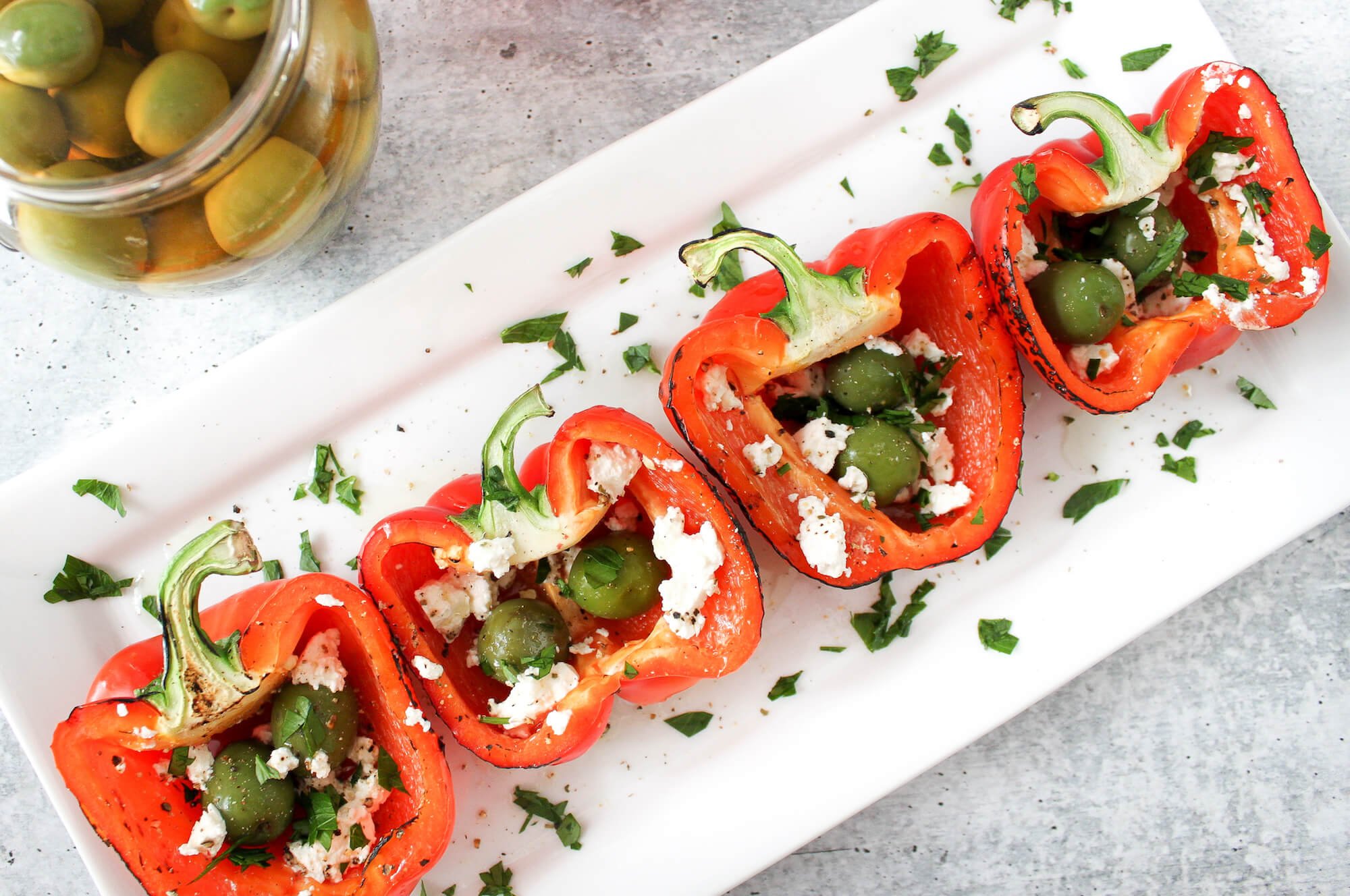 Grilled Red Bell Peppers with Olives and Feta