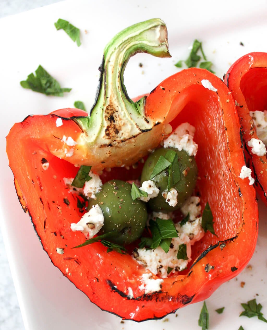 Grilled Red Bell Peppers with Olives and Feta