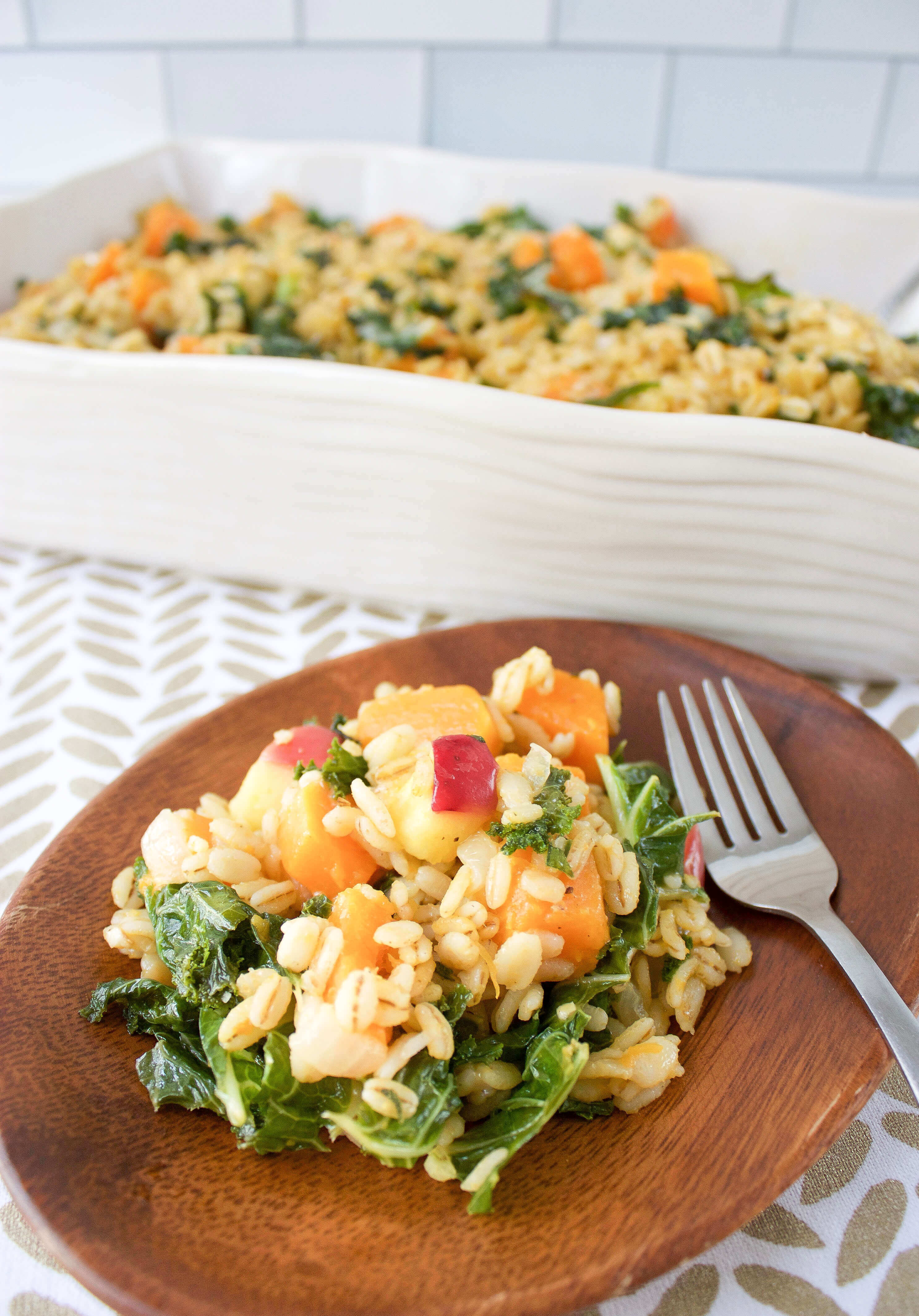 Barley Stuffing with Butternut Squash, Apples, and Kale 