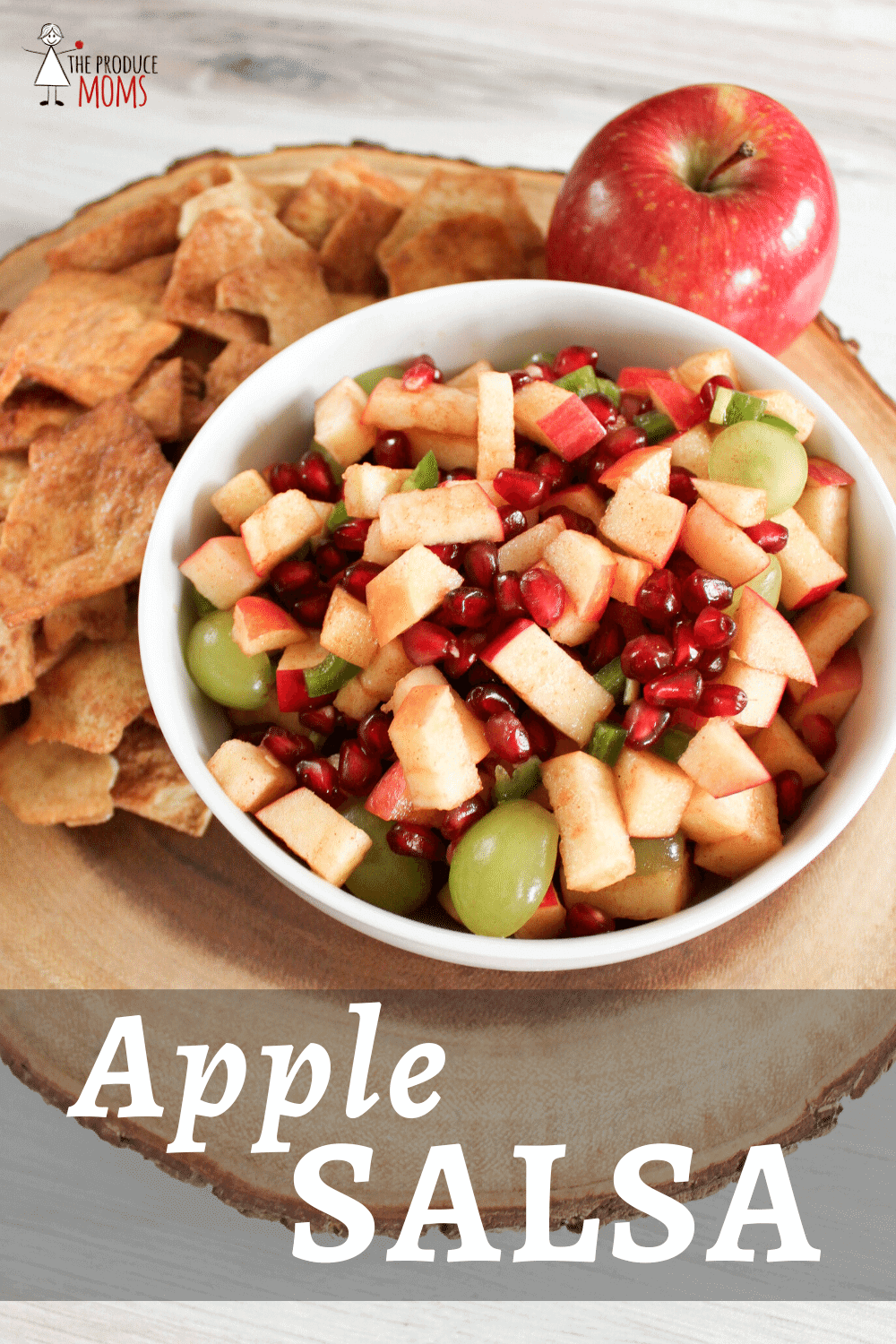 bowl of apple salsa with side of pita chips and an apple