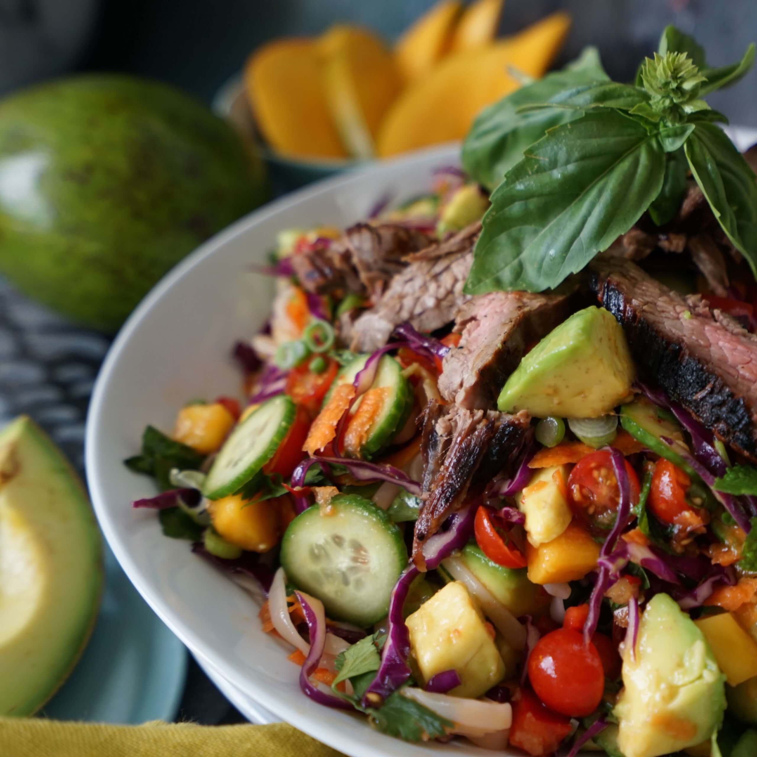 21 Unique Salads To Mix Up Your Meals: Thai Steak Noodle Salad with Tropical Avocado and Mango