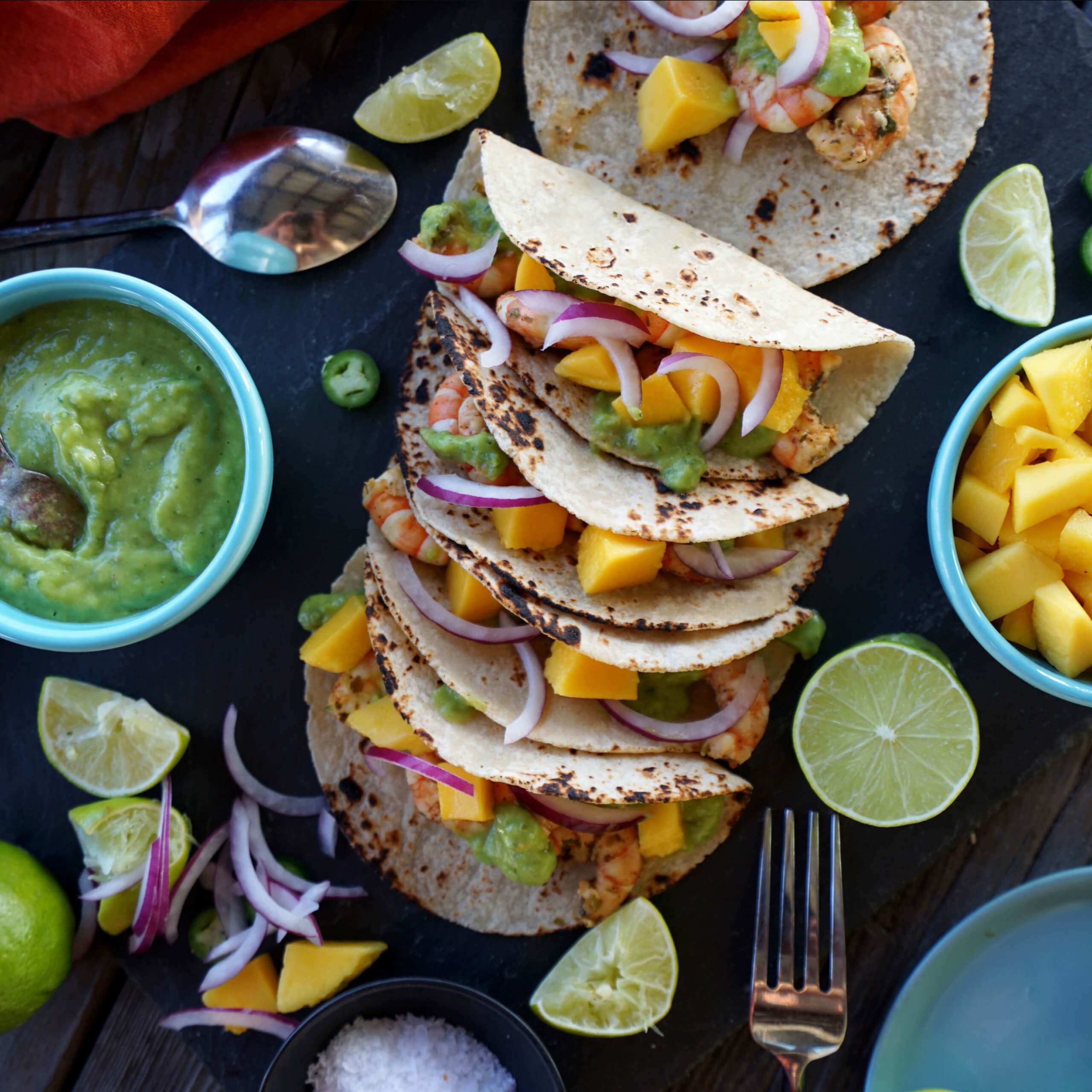 Shrimp Tacos with Tropical Avocado Salsa Verde