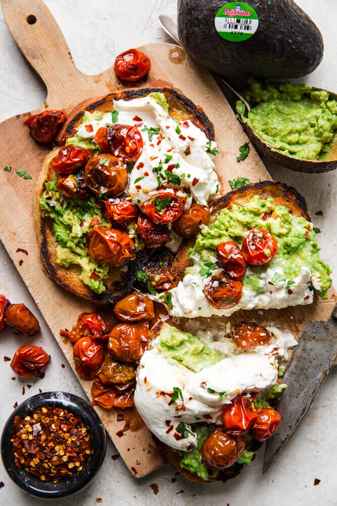 Avocado Toast with Blistered Tomatoes and Burrata