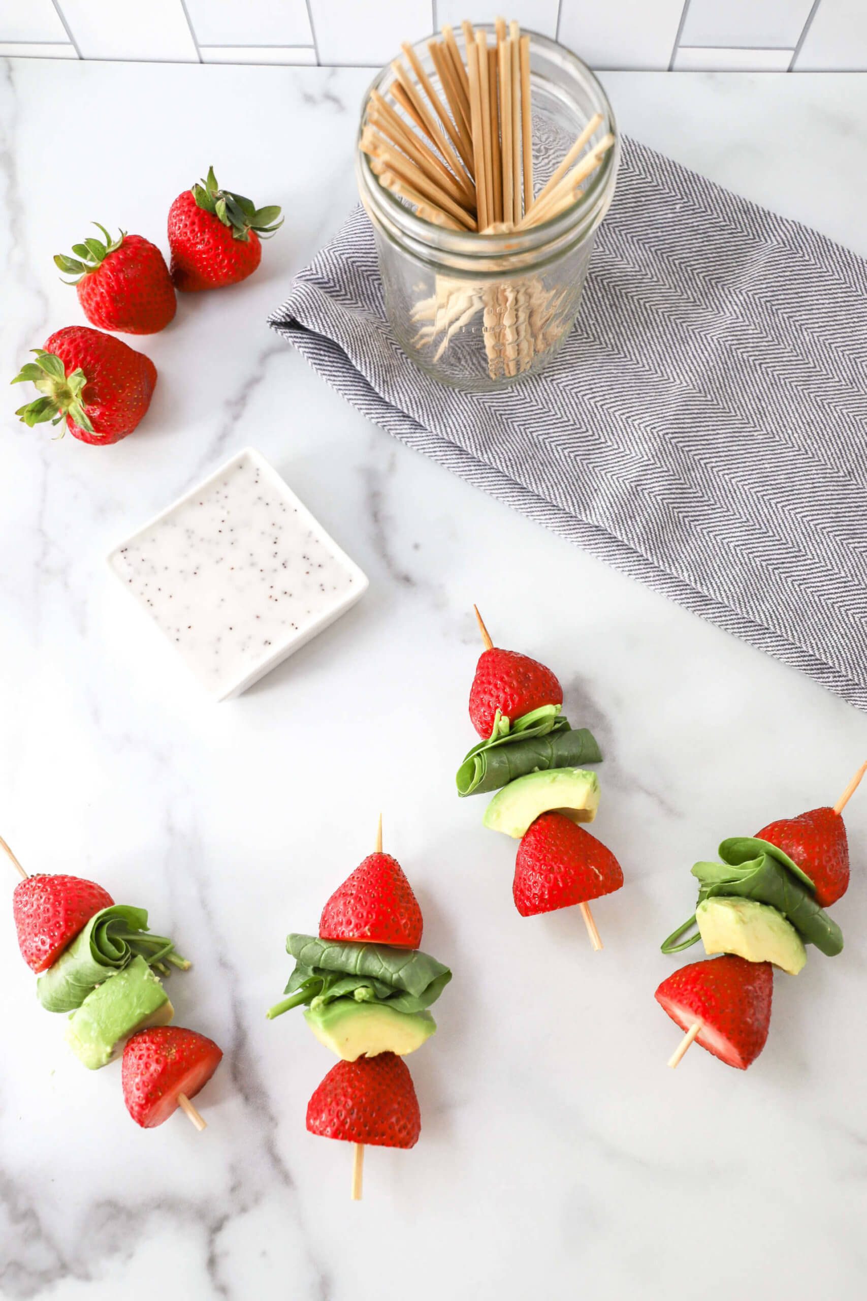 Strawberry Salad Kabobs with Avocado and Spinach