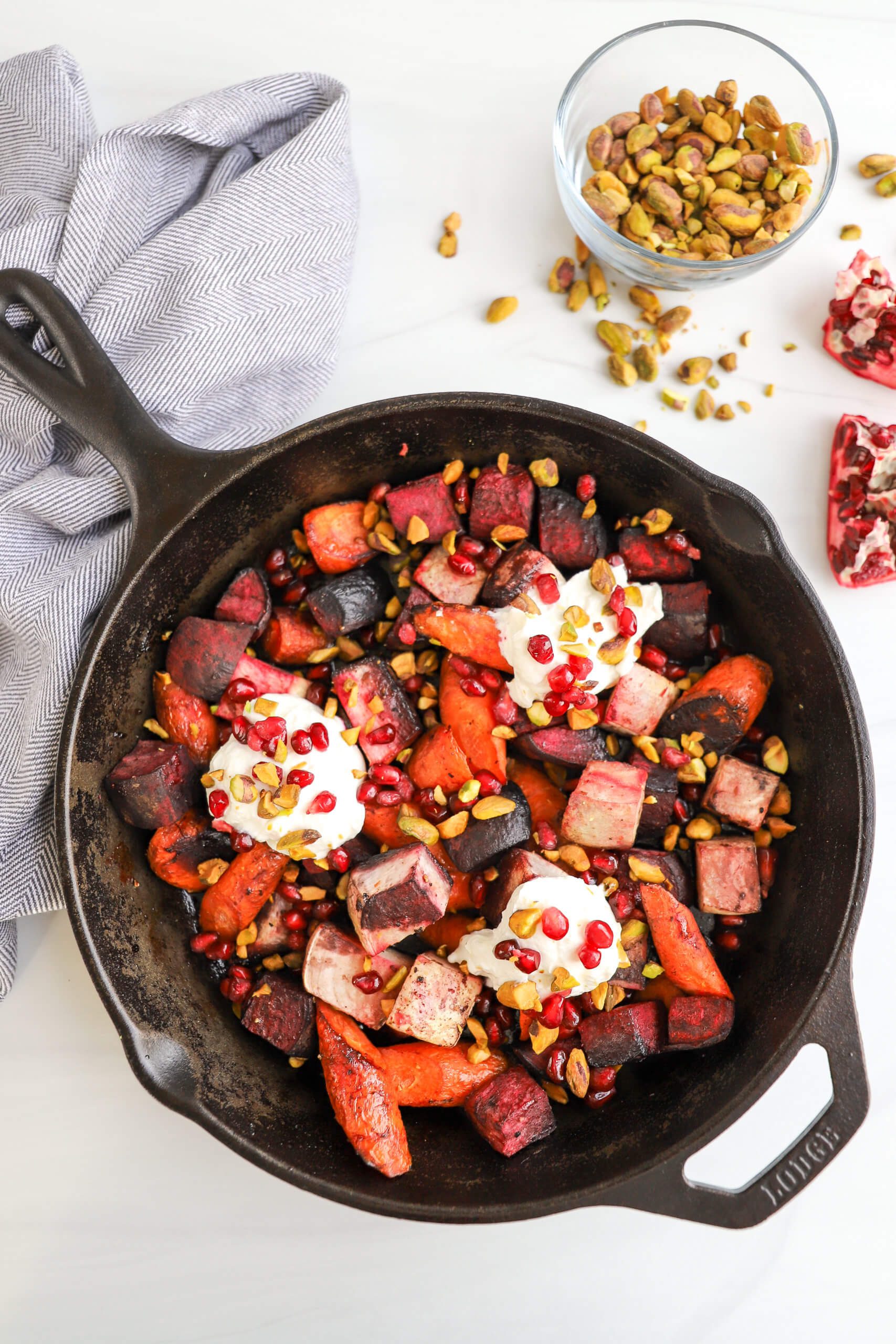 Pomegranate-Glazed Roasted Root Vegetables with Whipped Goat Cheese