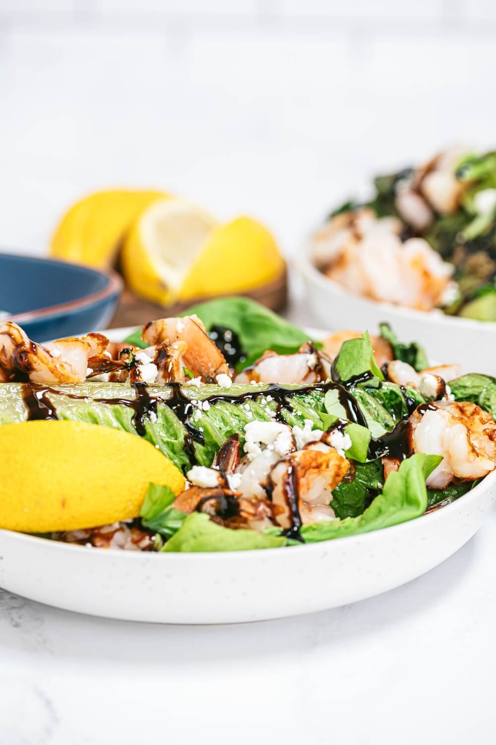 Grilled Caesar Salad with Shrimp and Balsamic Glaze