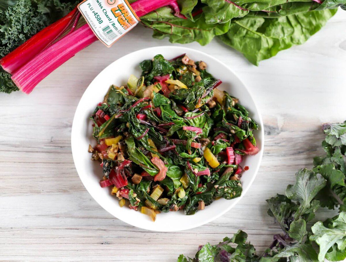 Flat lay photo of a plate of Sauteed Swiss Chard