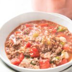 Stuffed Pepper Soup in a white bowl
