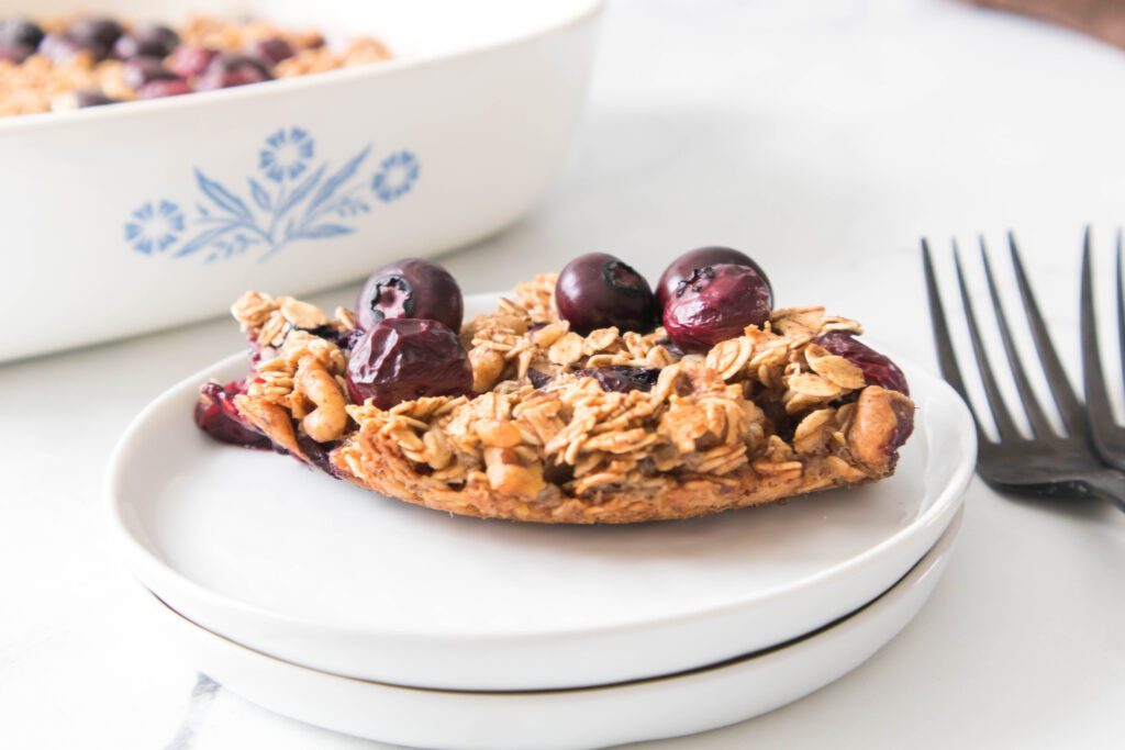 Blueberry Baked Oatmeal on a white plate