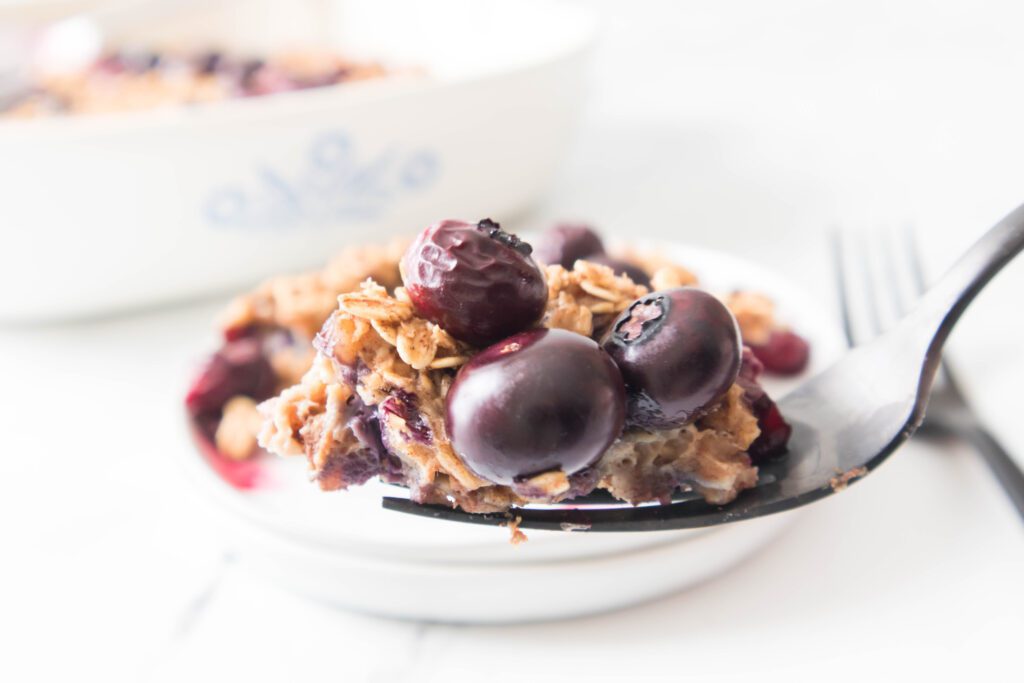 Blueberry Baked Oatmeal on a white plate