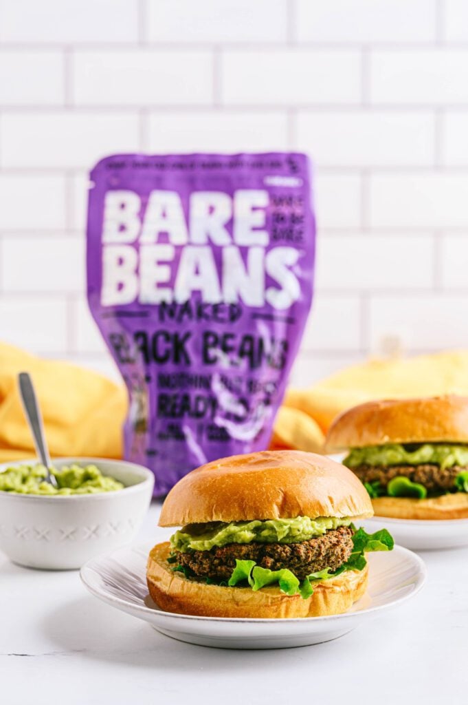 Black Bean Burger with Bare Beans bag and guacamole in the background