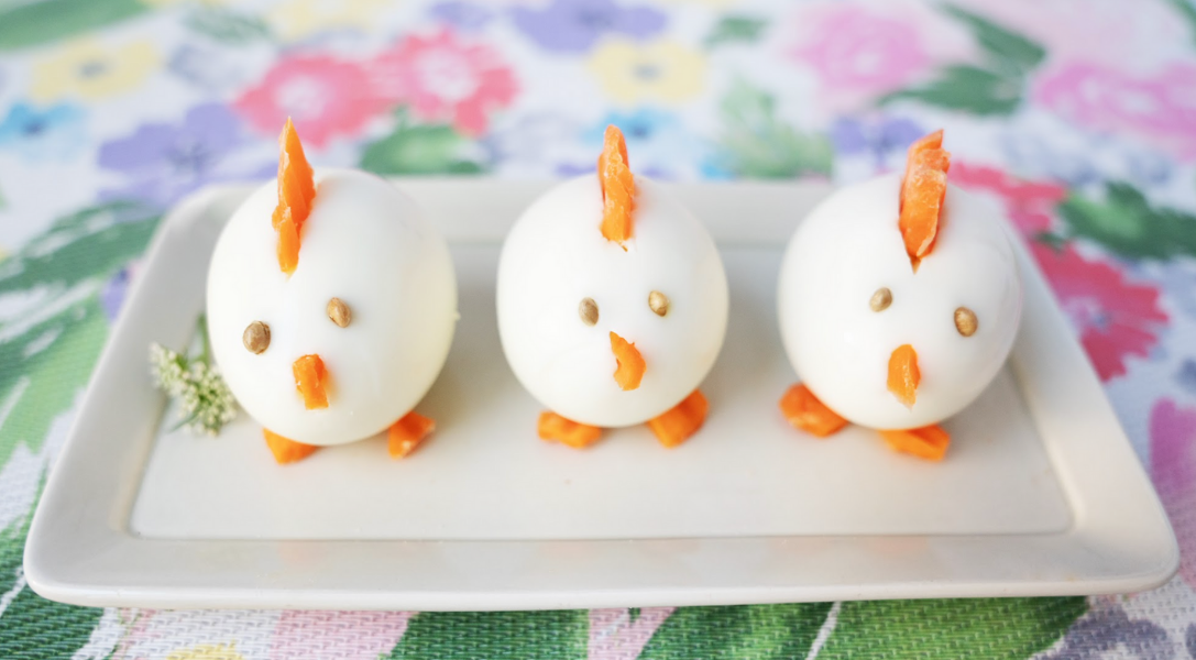 3 Hard Boiled Chicks on a white plate