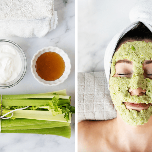 Ingredients for celery mask and woman with celery mask on her face