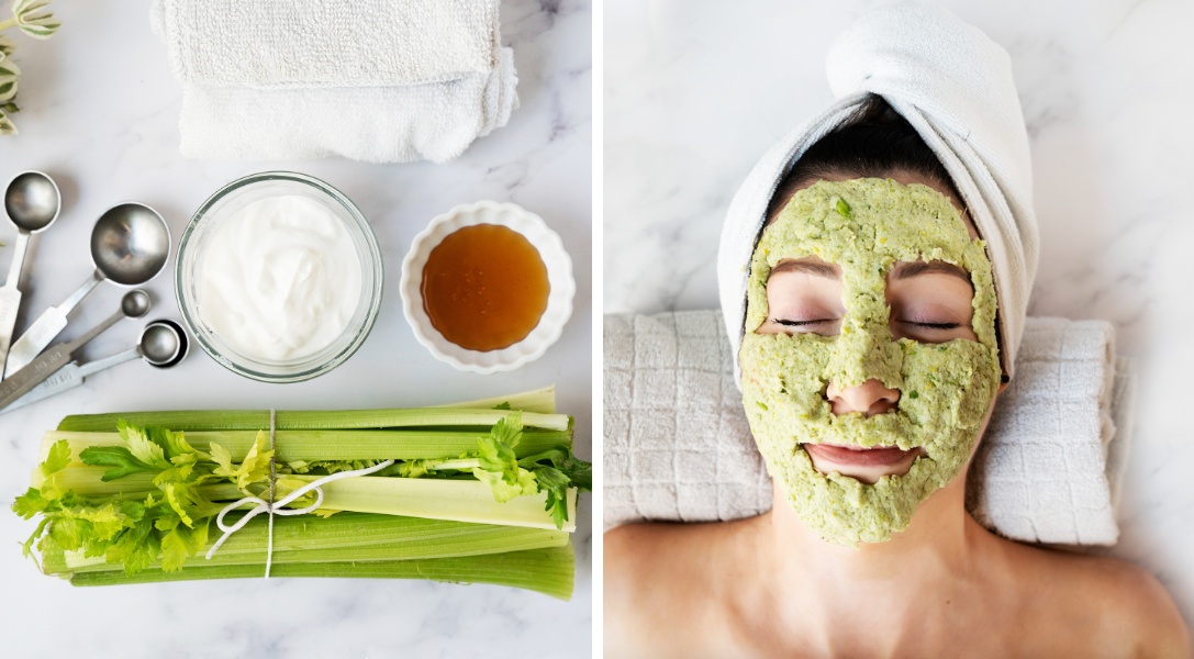 Ingredients for celery mask and woman with celery mask on her face