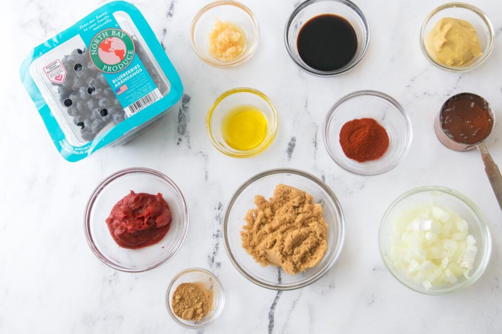 overhead view of all the ingredients for the blueberry BBQ Sauce