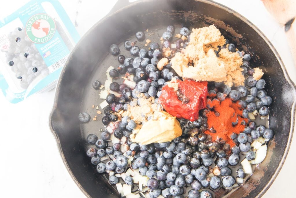 Overhead view of all the ingredients in teh skillet