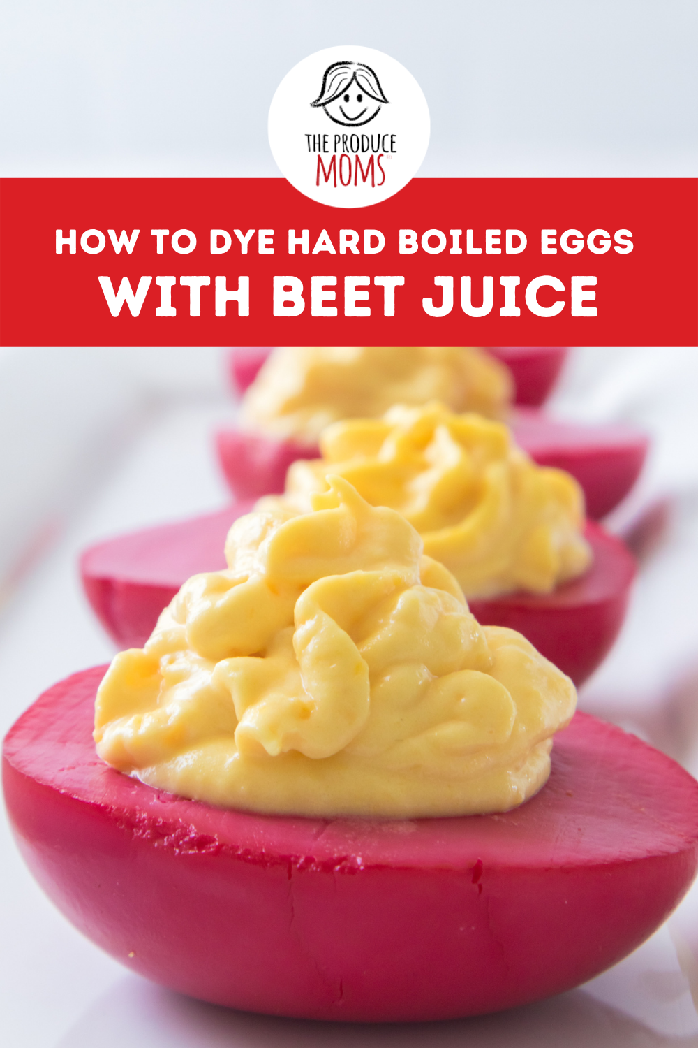 Pinterest Pin showing hard boiled eggs dyed by beet juice
