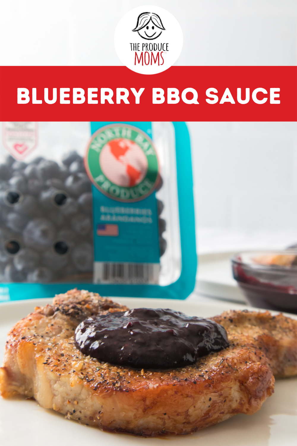 Pinterest Pin: Blueberry BBQ Sauce on pork chops with North Bay blueberries in background