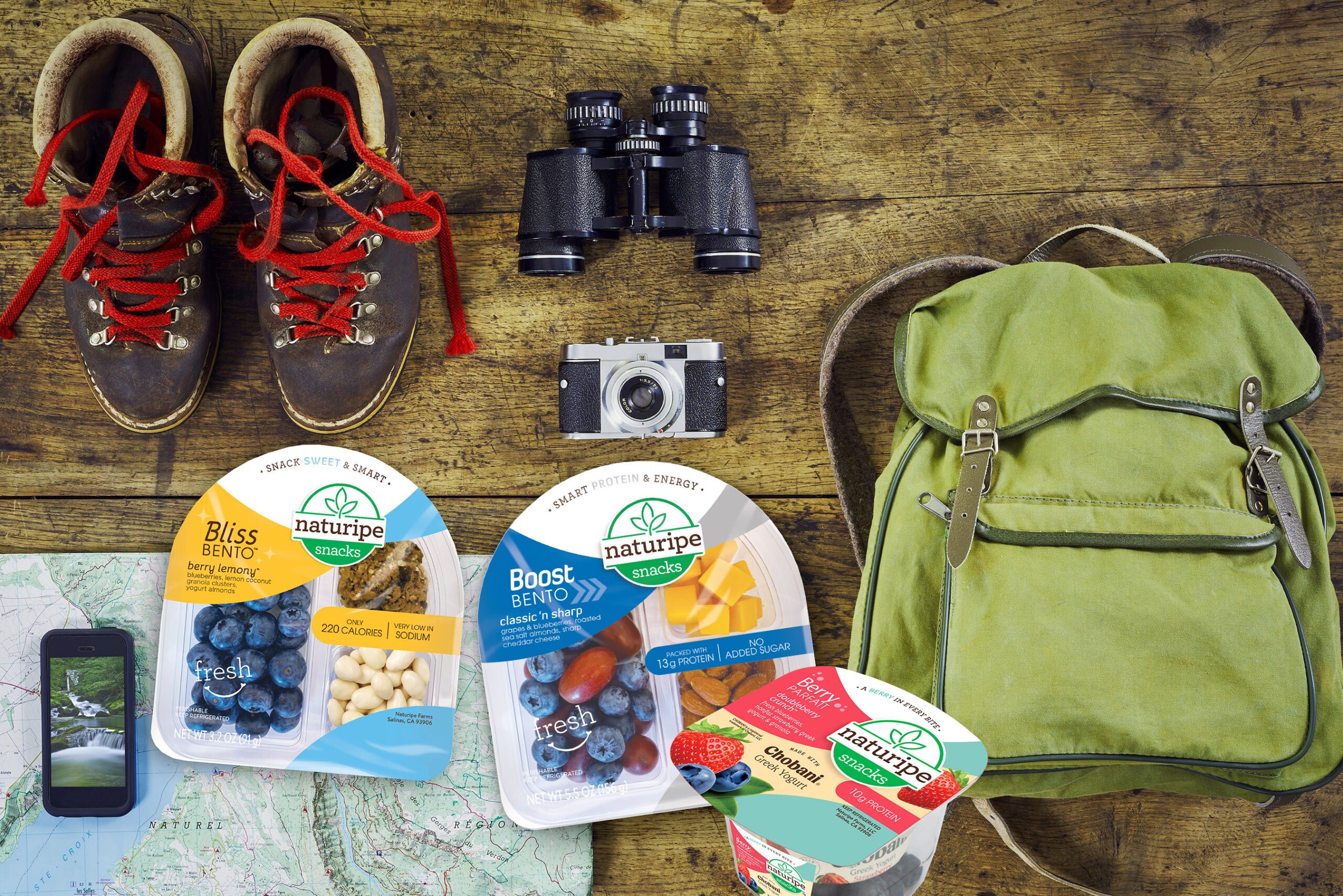 Naturipe Bentos and Yogurts with backpack, binoculars and shoes