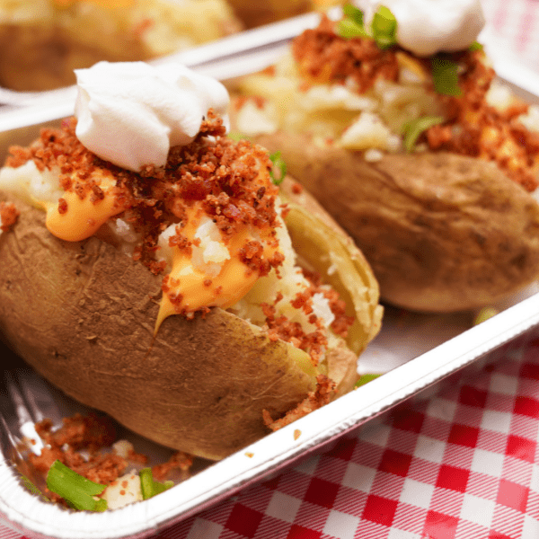 Baked Potatoes on a picnic table