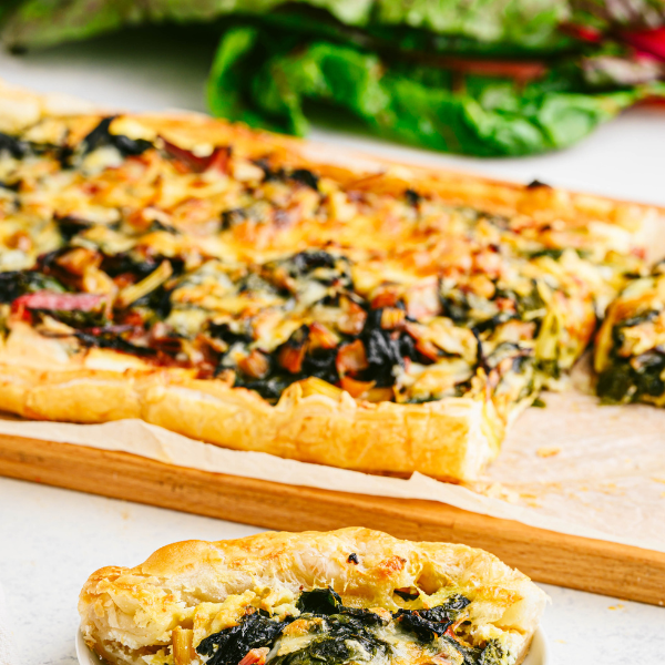 Rainbow Swiss chard Tart with Bright Lights in background