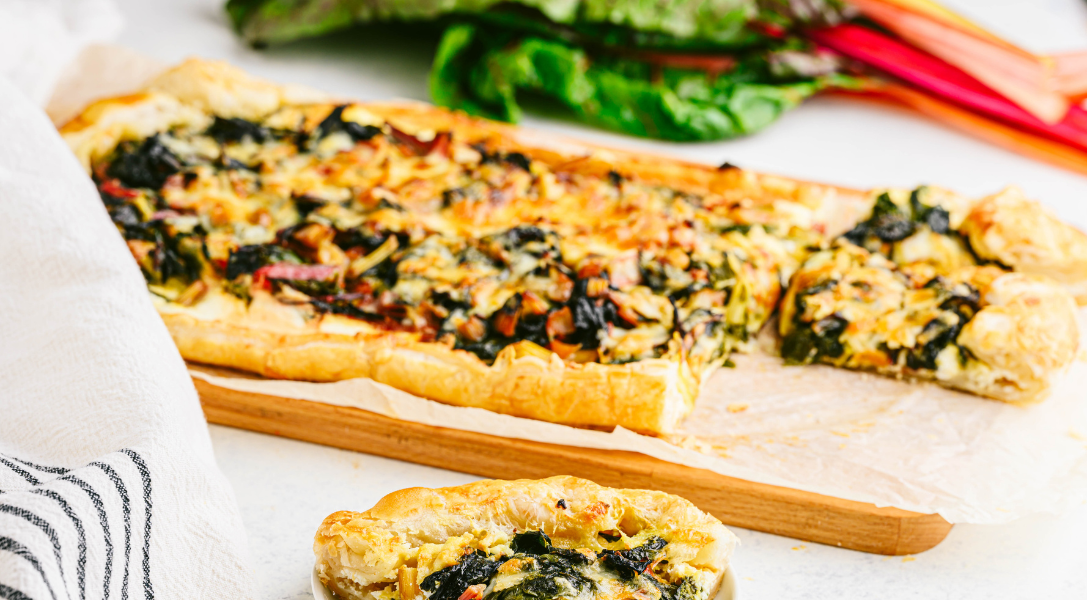 Rainbow Swiss chard Tart with Bright Lights in background