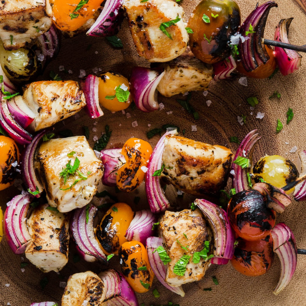 Grilled Red Onion, Chicken and Mint Kebobs