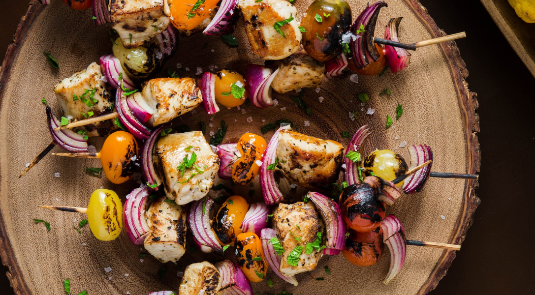Grilled Red Onion, Chicken and Mint Kebobs
