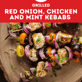 Pinterest Pin: Grilled Red Onion, Chicken and Mint Kebabs
