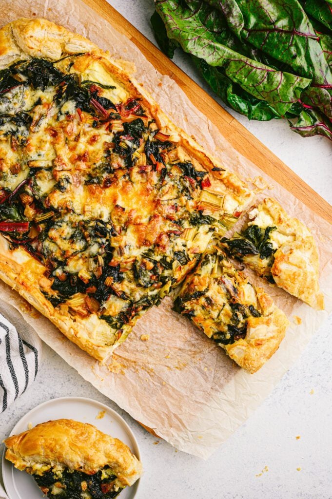 swiss chard tart on a cutting board