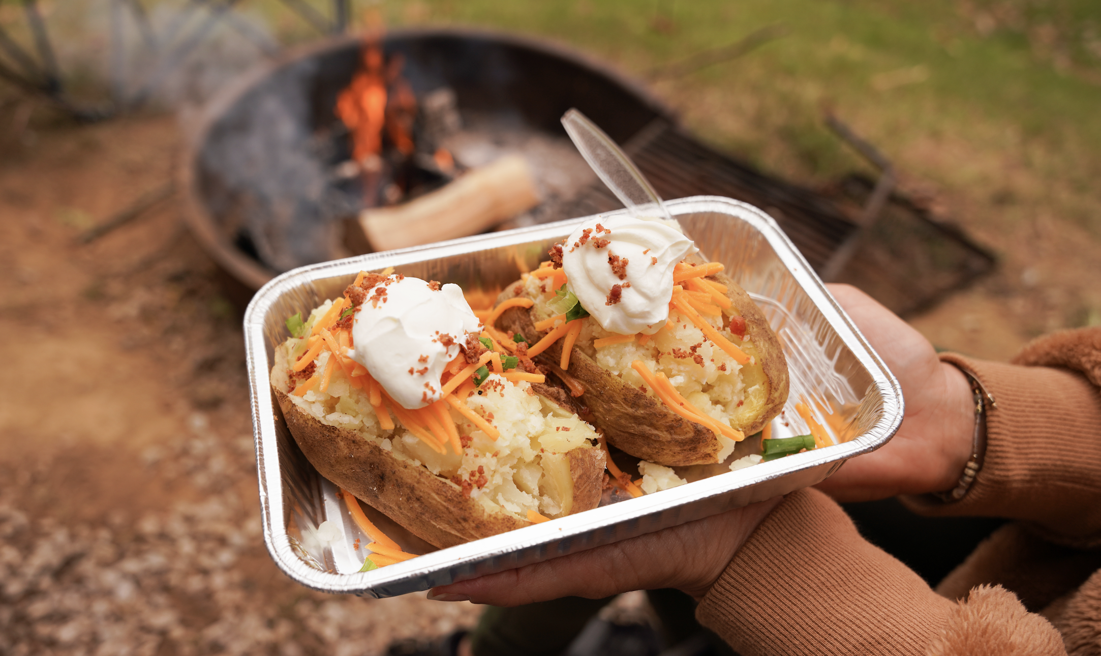 Baked Potatoes Easy Camping Dinner: in front of open fire pit camping
