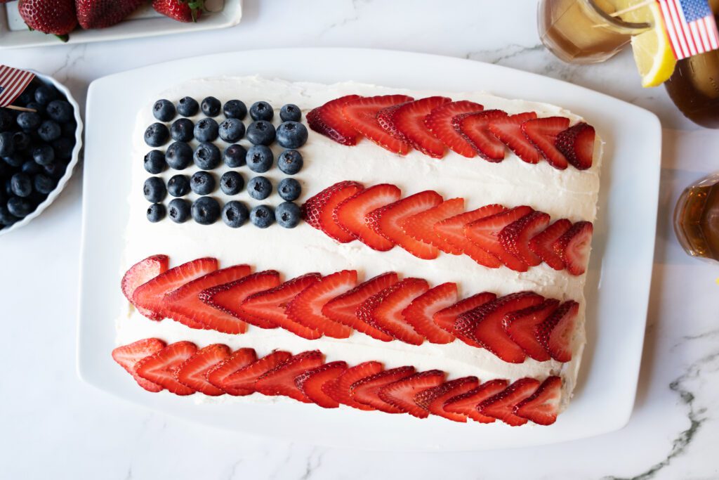 American Flag Cake with blueberries and strawberries