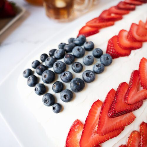 American Flag Cake with blueberries and strawberries