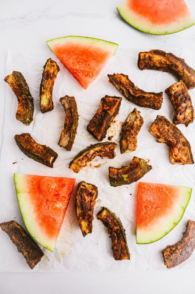 Watermelon rind air fryer churros with watermelon slices