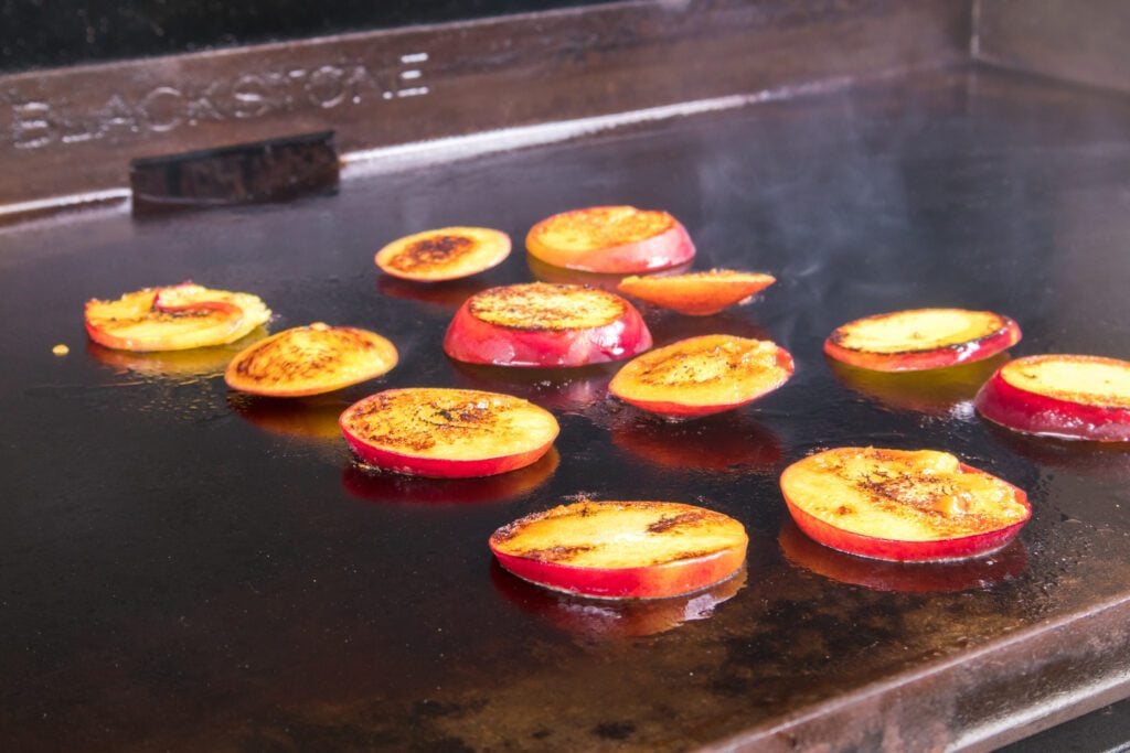 Grill marks on peaches on Blackstone Grill