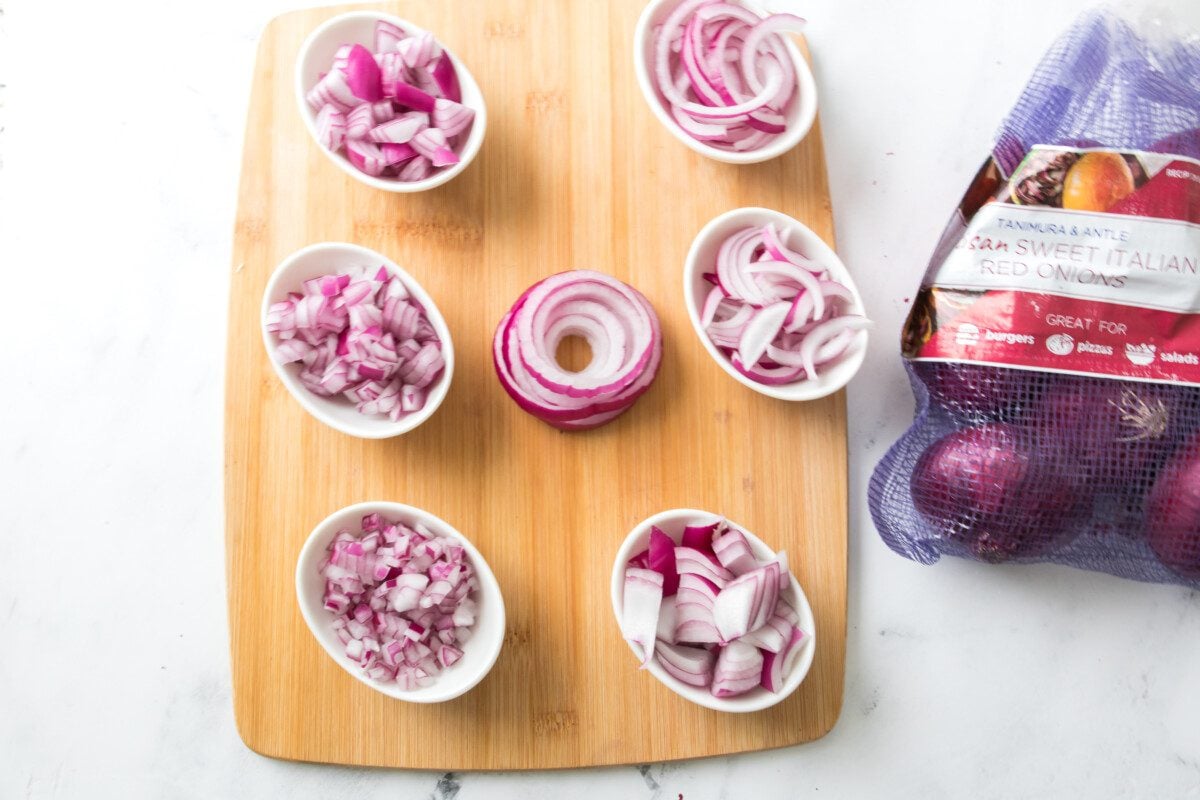 7 different cuts of sweet red onion