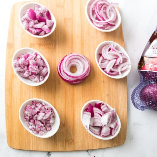 7 different cuts of sweet red onion