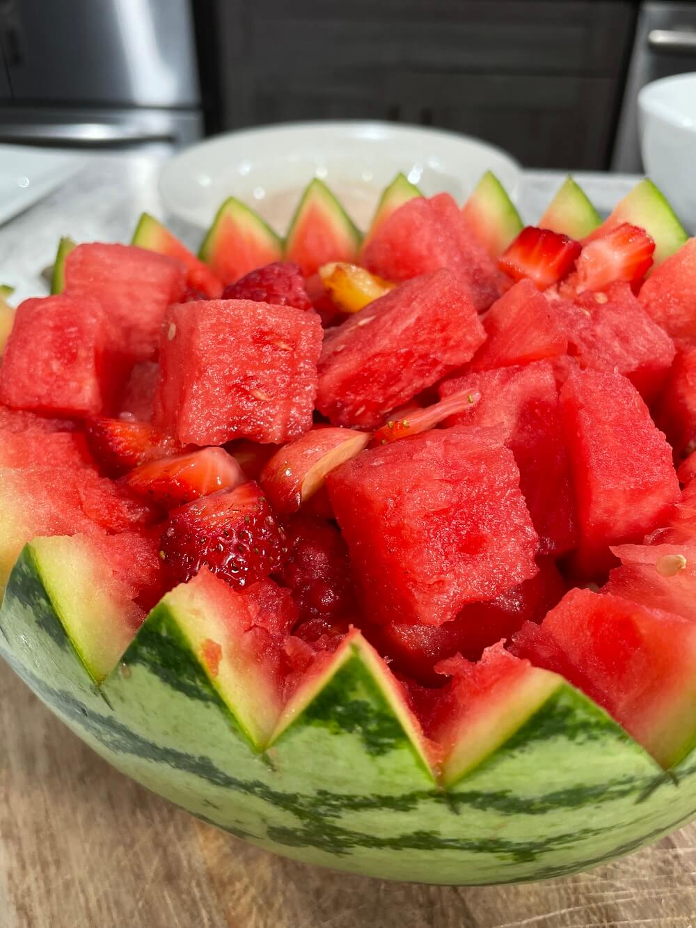 Red Fruit Salad in Watermelon Bowl