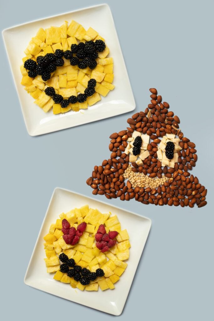 poop emoji, cool guy emoji and in love emoji out of food