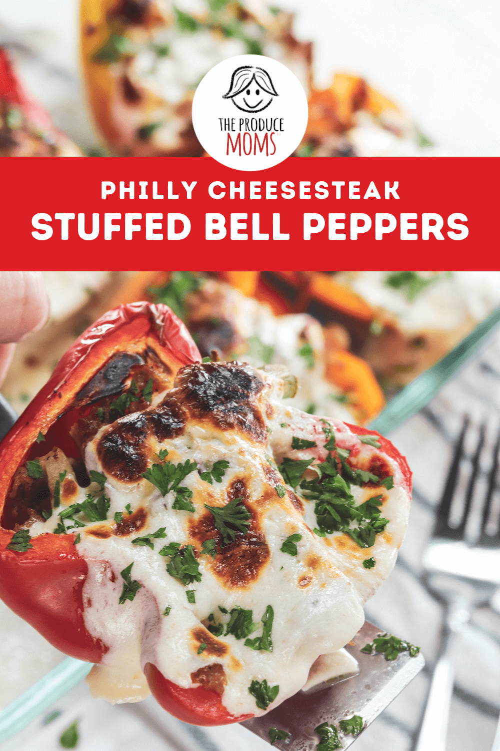 Pinterest Pin: Philly cheesesteak Stuffed Bell Peppers