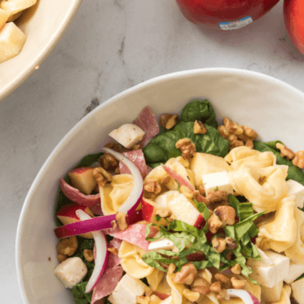 Overhead shot of Apple Tortellini Pasta Salad with Rave Apples