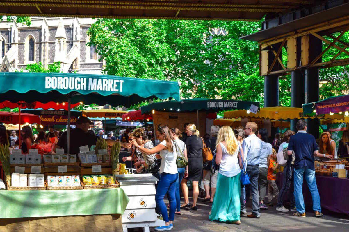 Borough market farms market stalls with shoppers