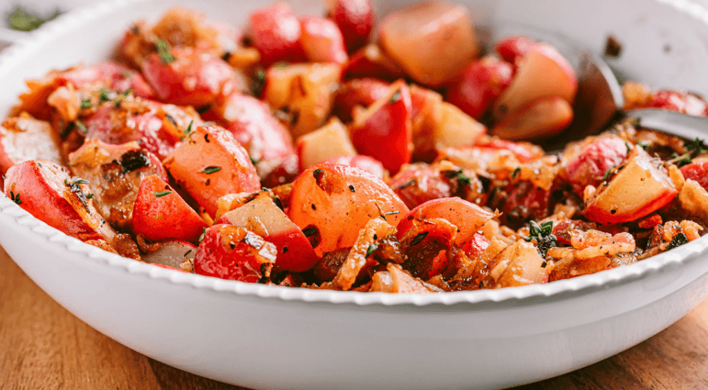 Sautéed Radishes with Bacon in white bowl