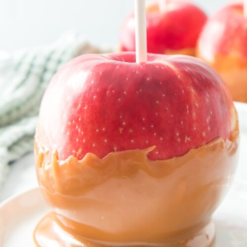vertical head on shot of caramel apple on a plate