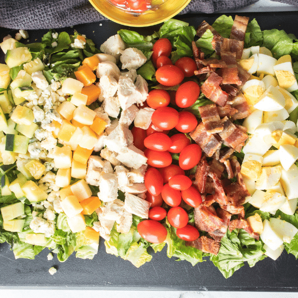 Overhead view of Cobb salad board